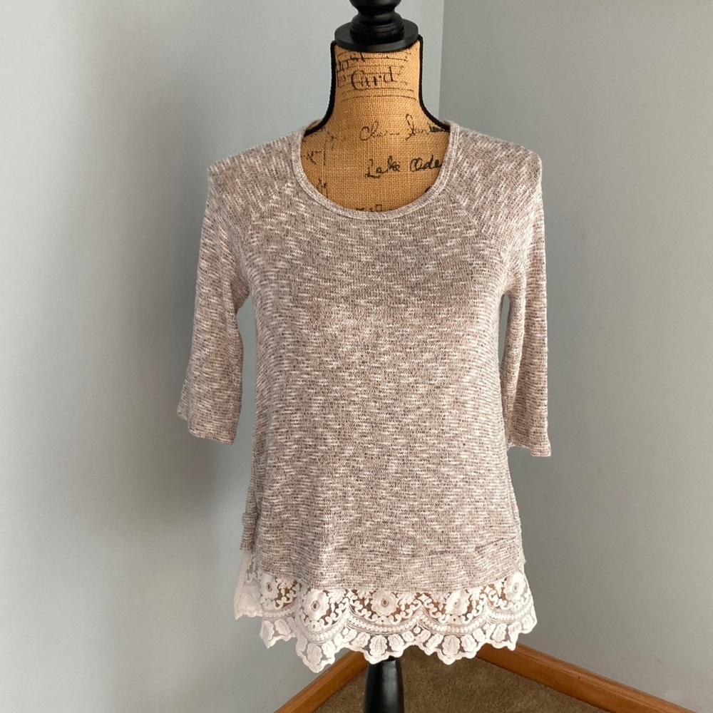 Sweater Knit Tunic Lace-Hem Heathered Gray Tunic Top Women Size S by Mm Mm Mm